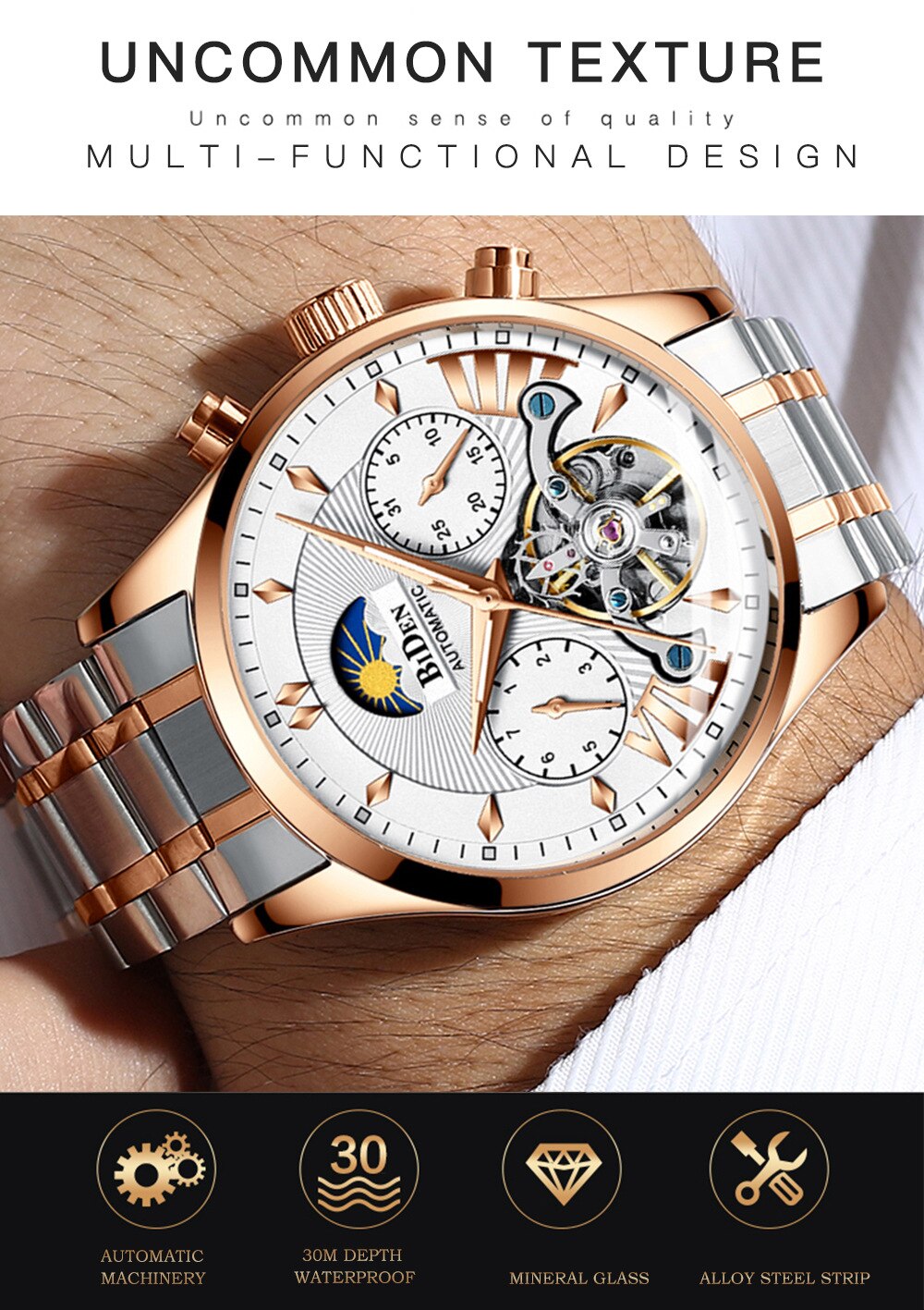 Original BIDEN Luxury Mechanical Automatic Self-Wind Wristwatche Watch - Biden 45