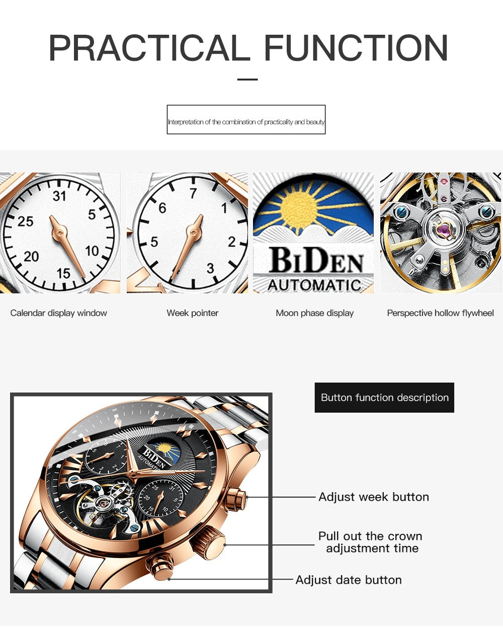 Original BIDEN Luxury Mechanical Automatic Self-Wind Wristwatche Watch - Biden 45