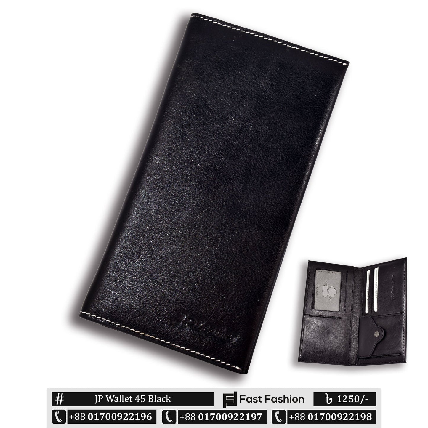 Long Dark Black Color Premium Leather Wallet for Men | JP Wallet 45 Black