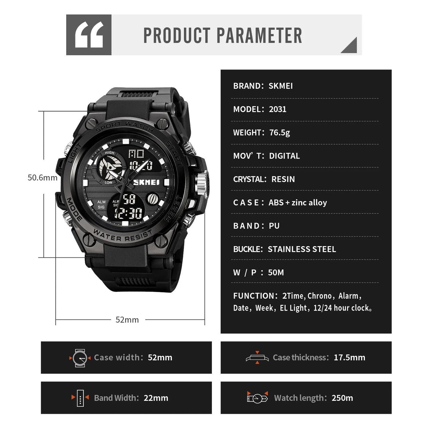 SKMEI Multifunction Dual Time Chrono Date Quartz Watch | SKMEI 2031